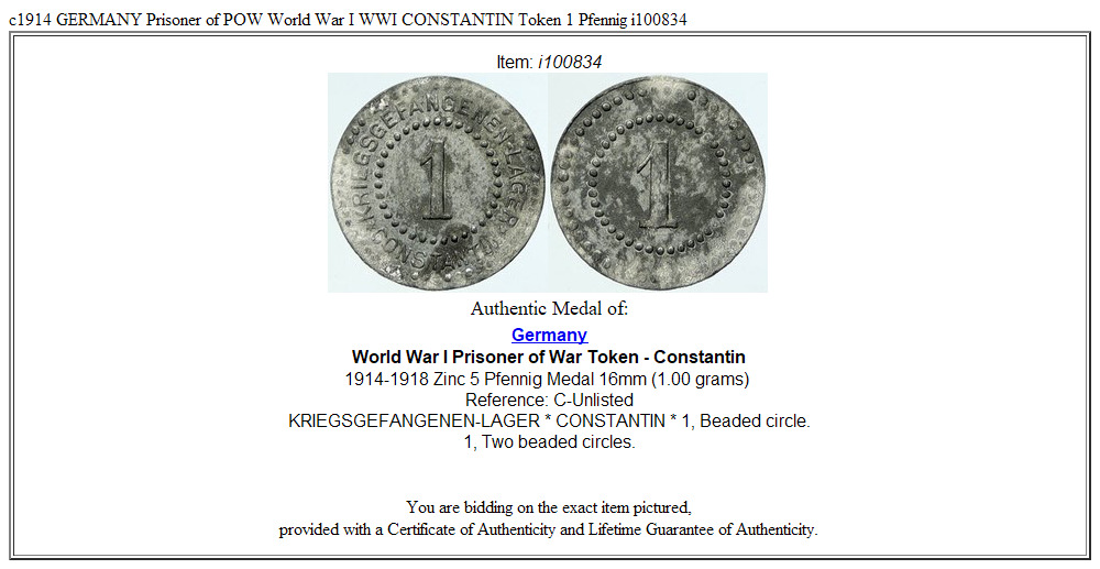 c1914 GERMANY Prisoner of POW World War I WWI CONSTANTIN Token 1 Pfennig i100834