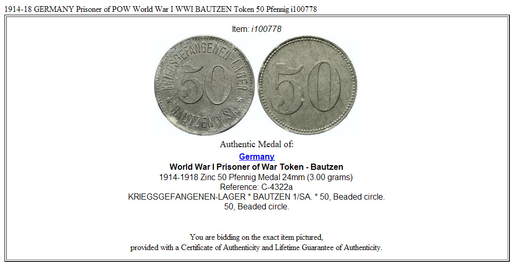 1914-18 GERMANY Prisoner of POW World War I WWI BAUTZEN Token 50 Pfennig i100778