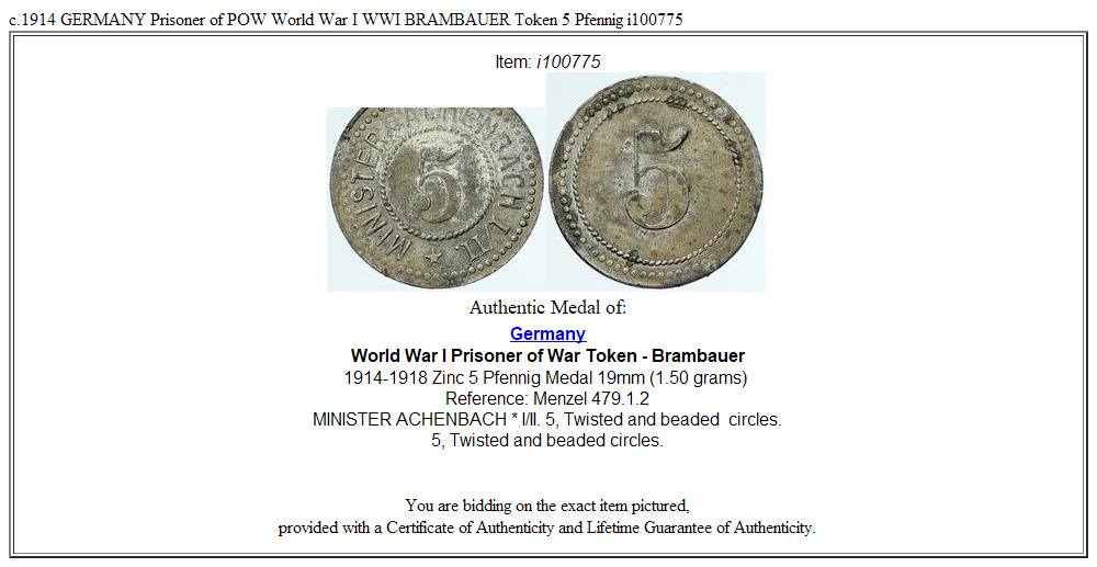 c.1914 GERMANY Prisoner of POW World War I WWI BRAMBAUER Token 5 Pfennig i100775