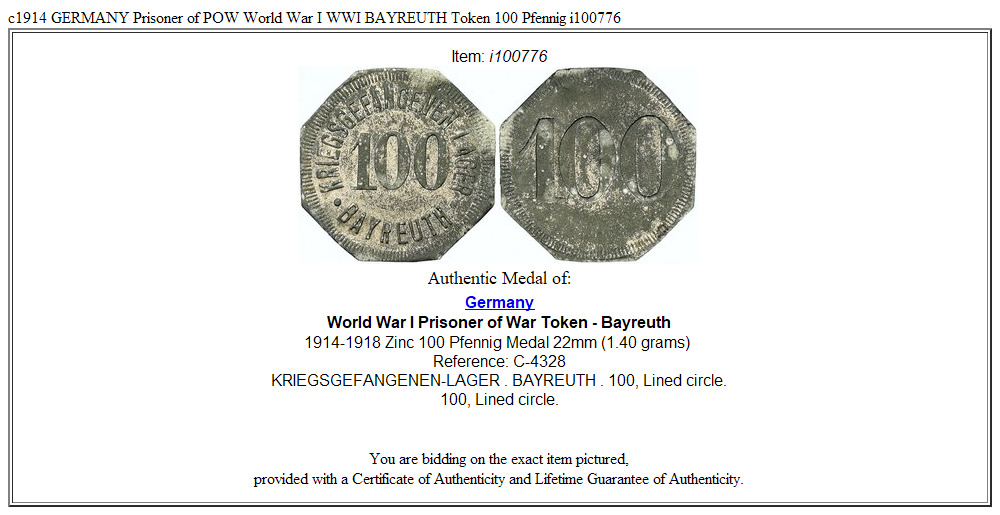 c1914 GERMANY Prisoner of POW World War I WWI BAYREUTH Token 100 Pfennig i100776