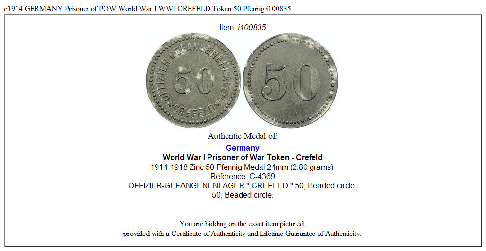 c1914 GERMANY Prisoner of POW World War I WWI CREFELD Token 50 Pfennig i100835