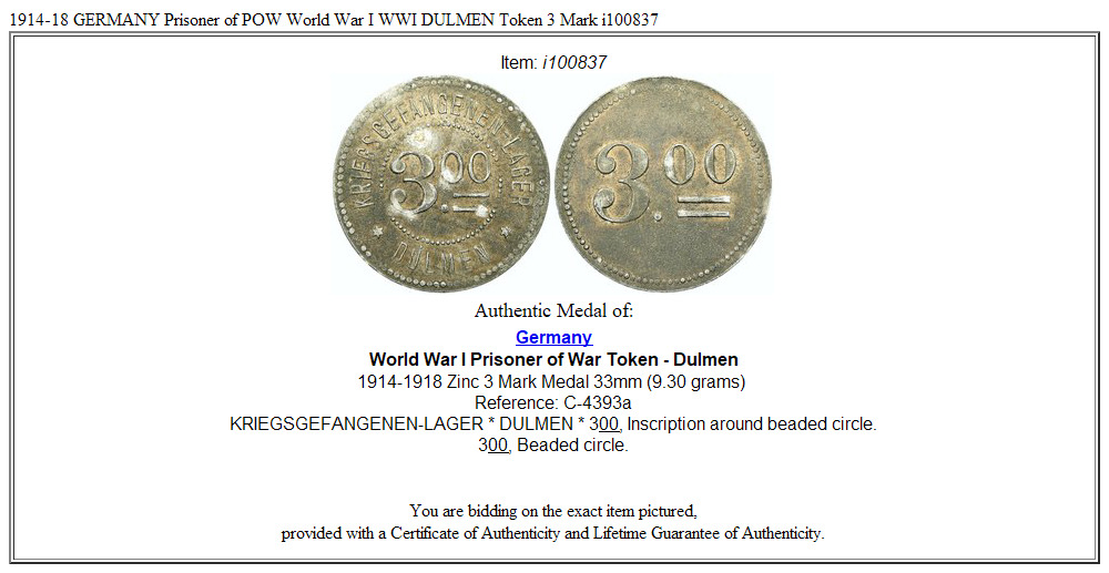 1914-18 GERMANY Prisoner of POW World War I WWI DULMEN Token 3 Mark i100837