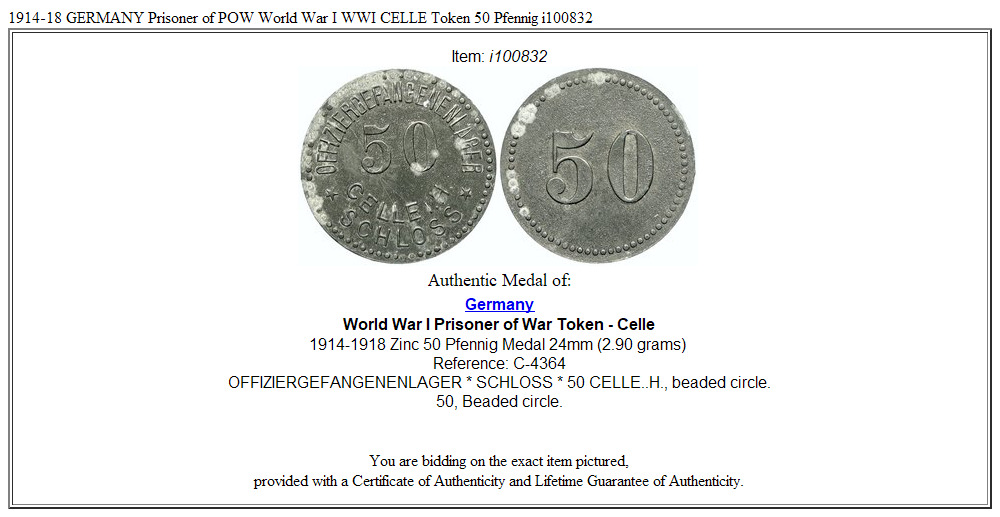 1914-18 GERMANY Prisoner of POW World War I WWI CELLE Token 50 Pfennig i100832