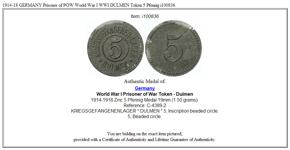 1914-18 GERMANY Prisoner of POW World War I WWI DULMEN Token 5 Pfennig i100836