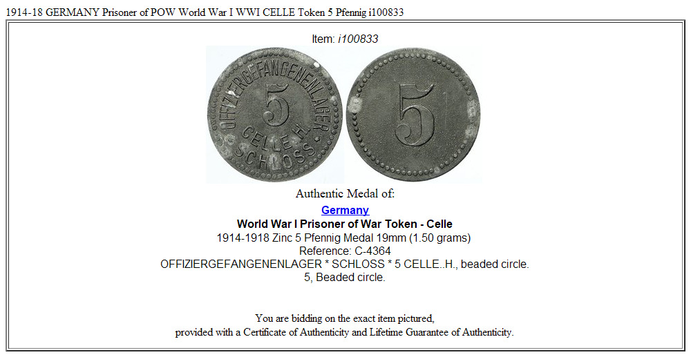 1914-18 GERMANY Prisoner of POW World War I WWI CELLE Token 5 Pfennig i100833