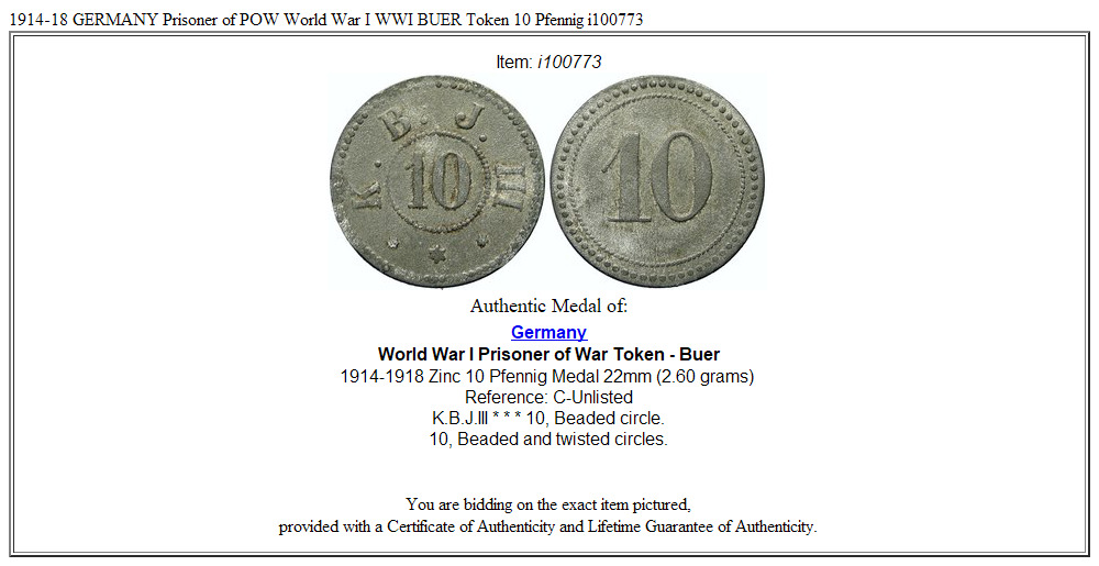 1914-18 GERMANY Prisoner of POW World War I WWI BUER Token 10 Pfennig i100773