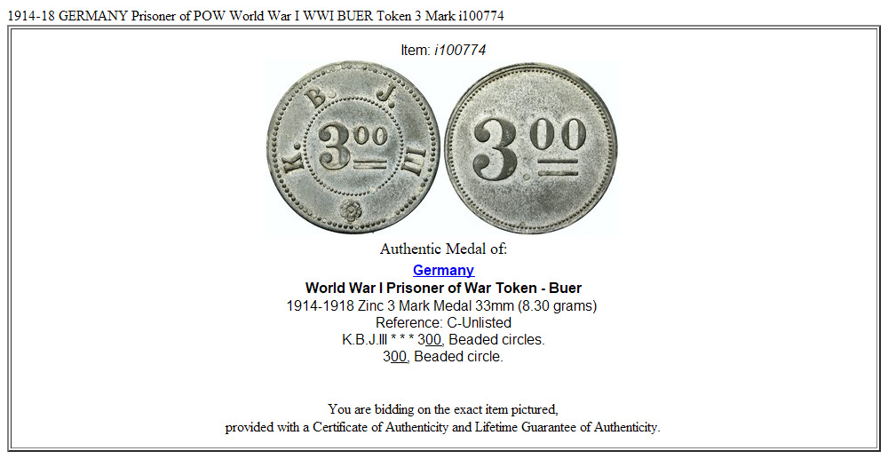 1914-18 GERMANY Prisoner of POW World War I WWI BUER Token 3 Mark i100774