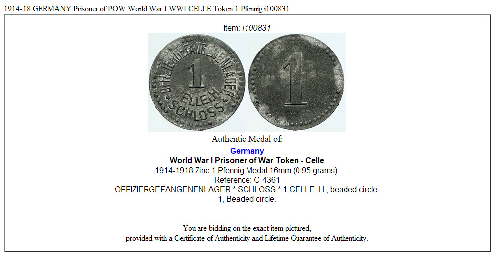 1914-18 GERMANY Prisoner of POW World War I WWI CELLE Token 1 Pfennig i100831