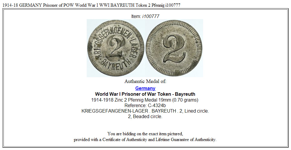 1914-18 GERMANY Prisoner of POW World War I WWI BAYREUTH Token 2 Pfennig i100777