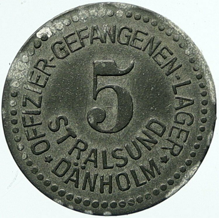 c.1914 GERMANY Prisoner of POW World War I WWI STRALSUND Token 5 Pfennig i100800