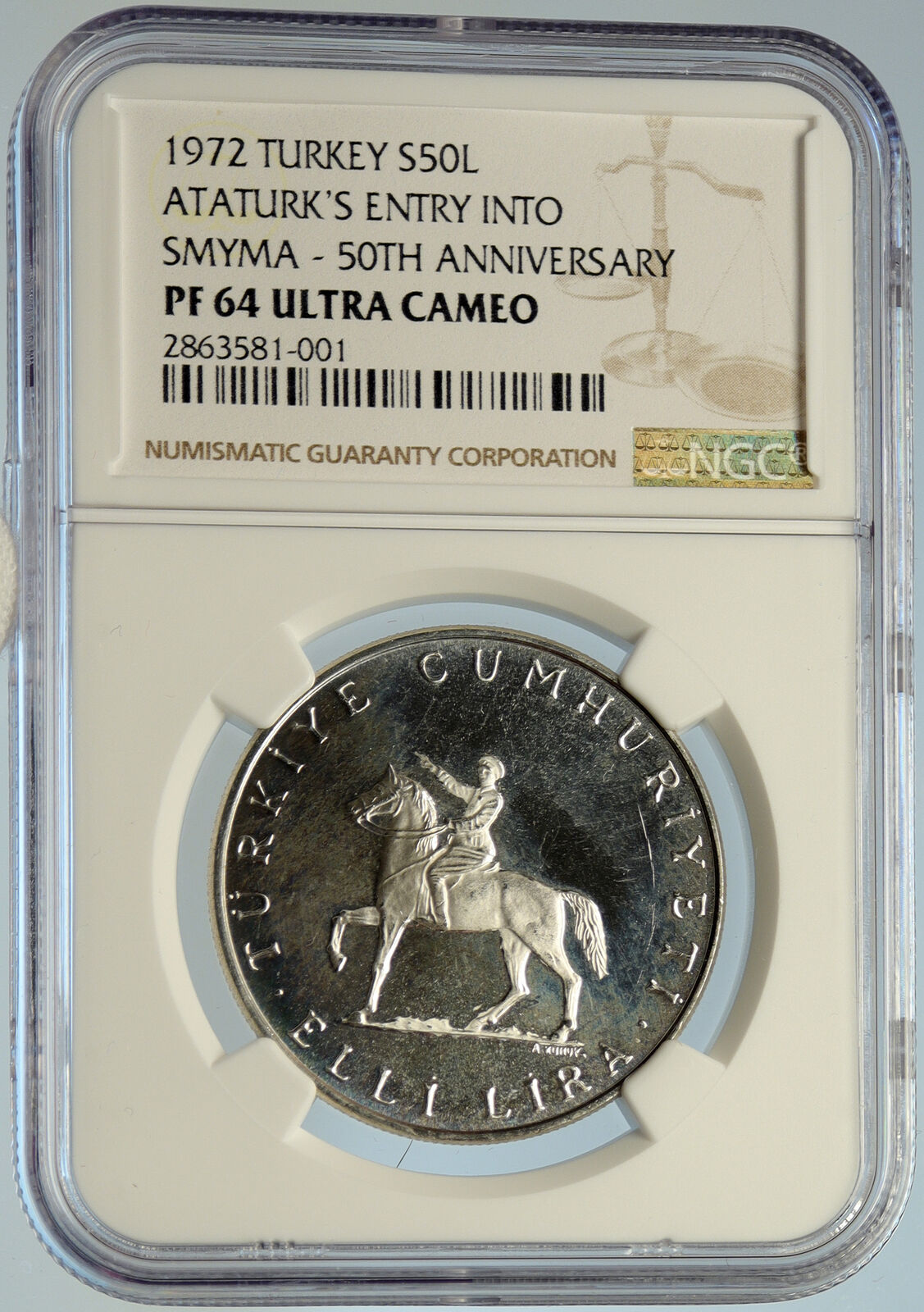 1971 TURKEY Attaturk Entry into SMYMA Old Proof Silver 50 Lira Coin NGC i105606