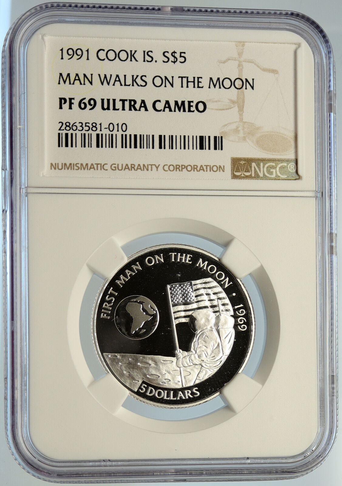 1991 COOK ISLANDS Elizabeth II MAN ON THE MOON Proof Silver $5 Coin NGC i105614