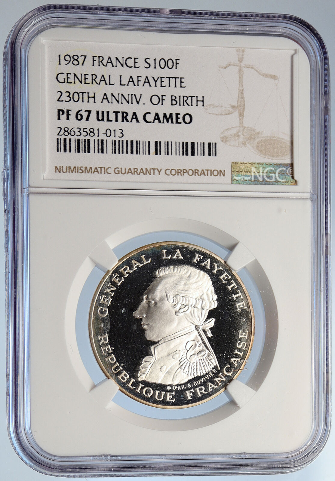 1987 FRANCE La Fayette MOTTO Old Proof Silver 100 Francs French Coin NGC i105618