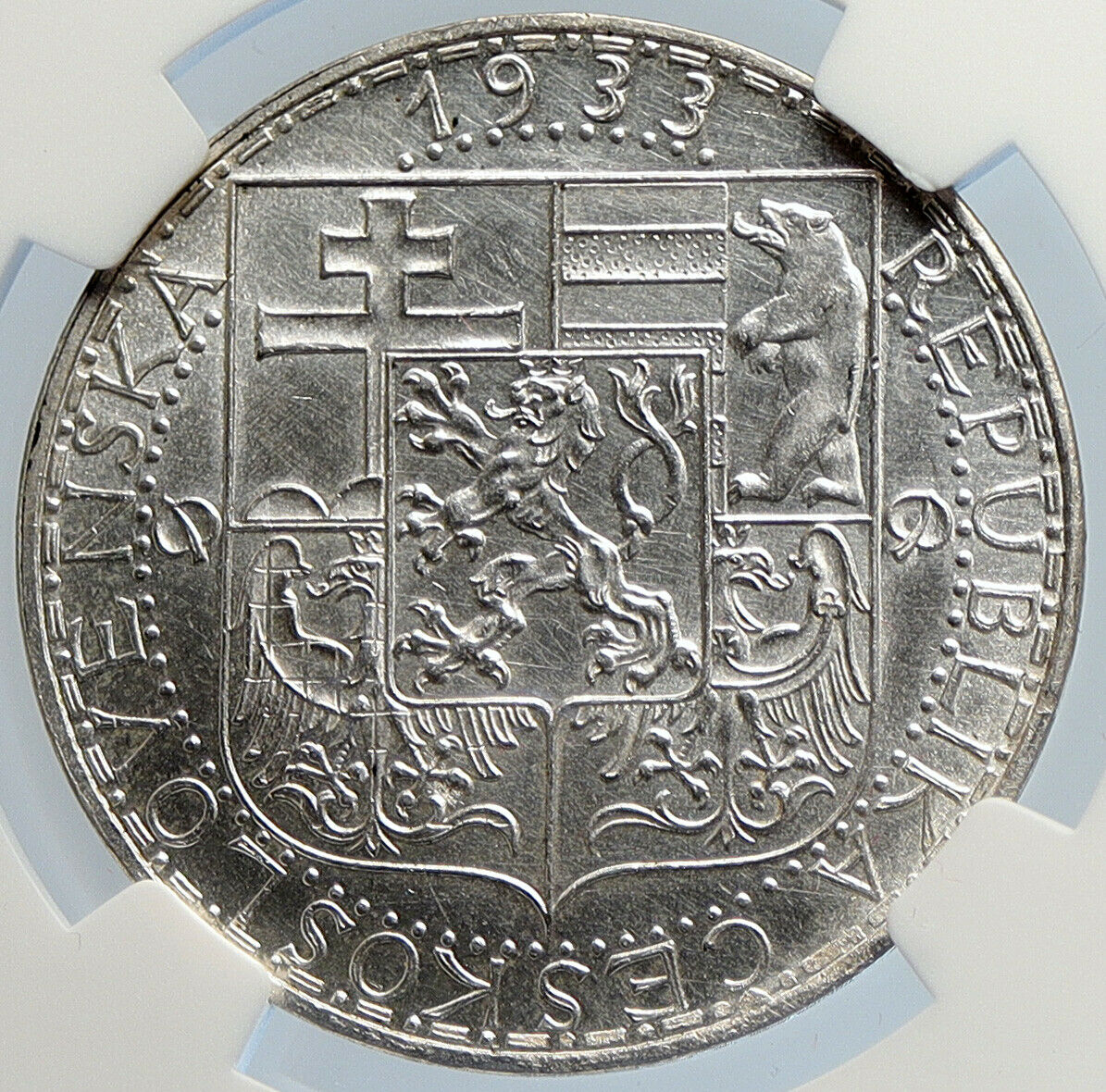 1933 CZECHOSLOVAKIA Industry Agriculture Old Silver 20 Korun Coin NGC i105758