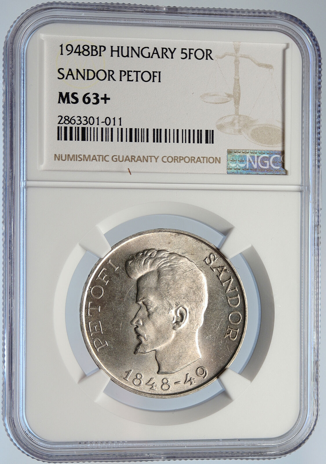 1948 BP HUNGARY Sandor Petofi REVOLUTION Old Silver 5 Korona Coin NGC i105762