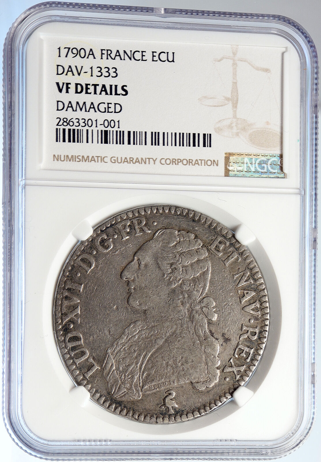 1790 A FRANCE King LOUIS XVI Silver Antique Vintage French ECU Coin NGC i105752