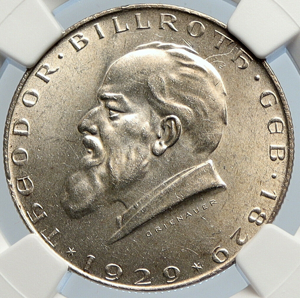 1929 AUSTRIA Surgeon Theodor Billroth VINTAGE Silver 2 Shilling Coin NGC i105761