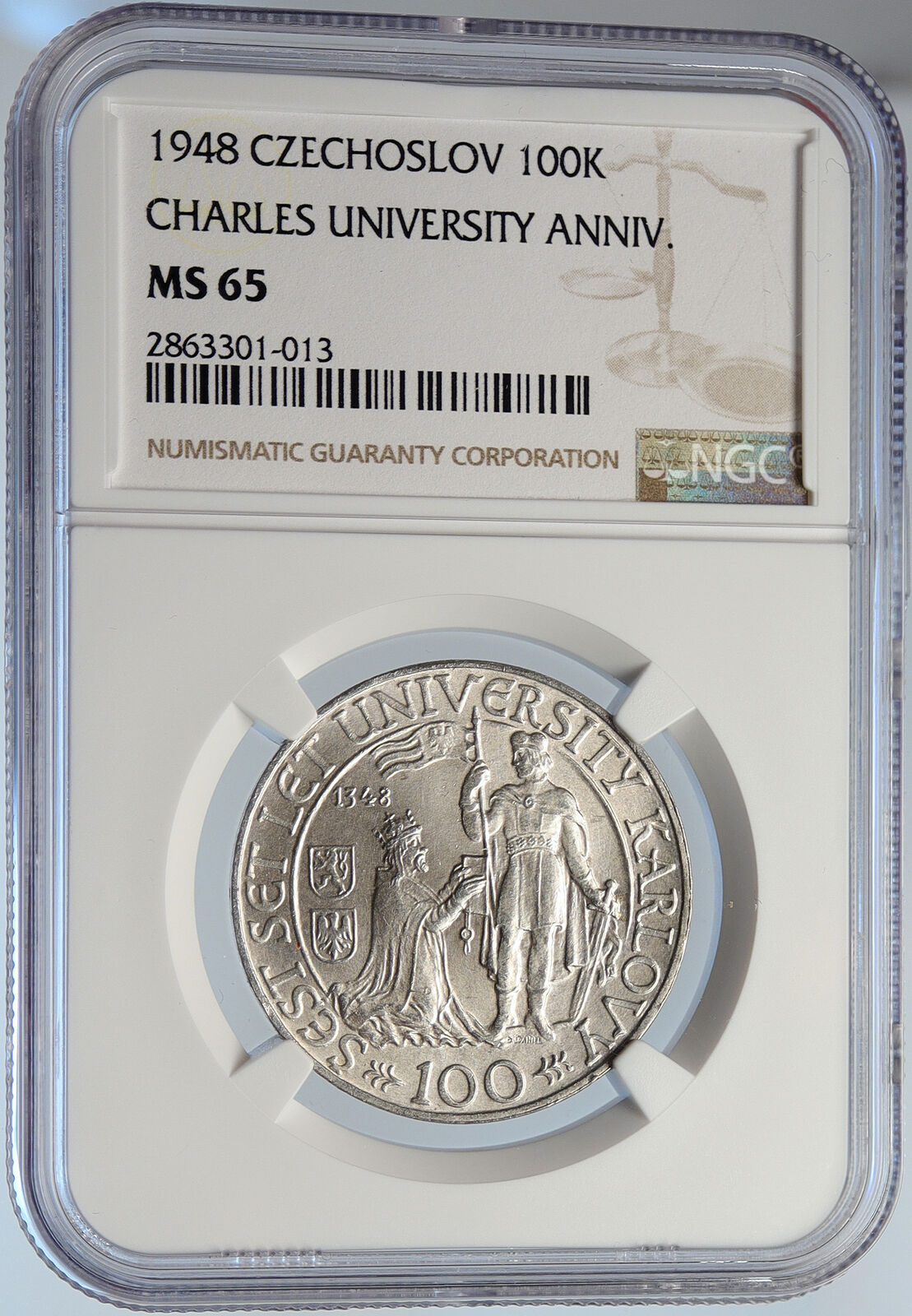 1948 Czechoslovakia - Charles University OLD Silver 100 Korun Coin NGC i105764