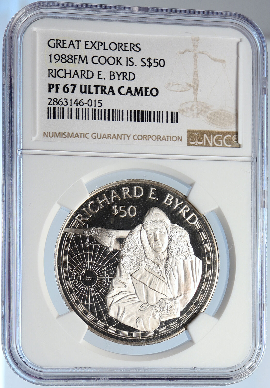 1988 COOK ISLANDS Elizabeth II RICHARD E. BYRD Proof Silver $50 Coin NGC i105778