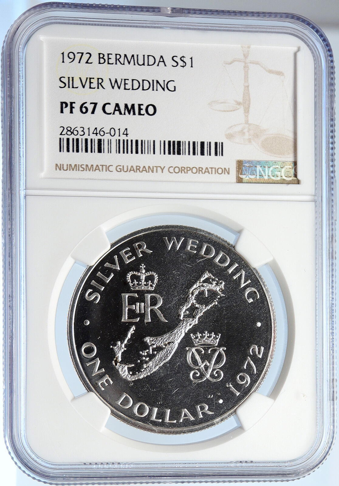 1972 BERMUDA Elizabeth II Philip Wedding Proof Silver 1 Dollar Coin NGC i105780