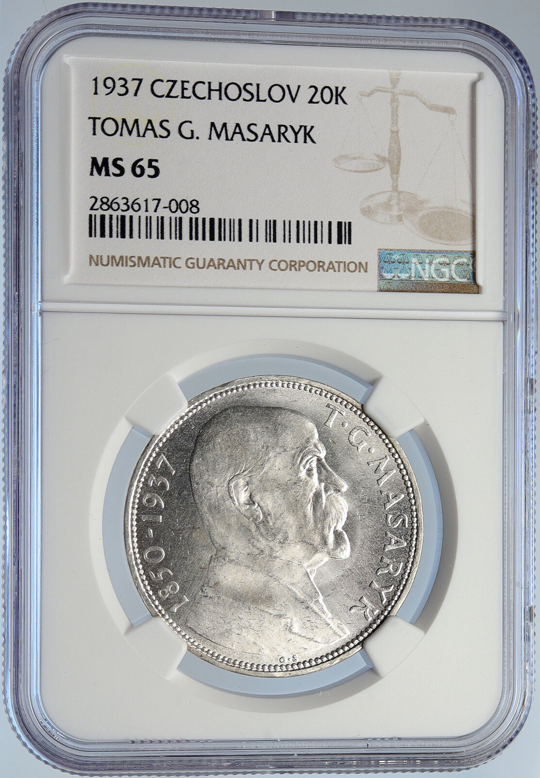 1937 CZECHOSLOVAKIA President Masaryk VINTAGE Silver 20 Korun Coin NGC i105788