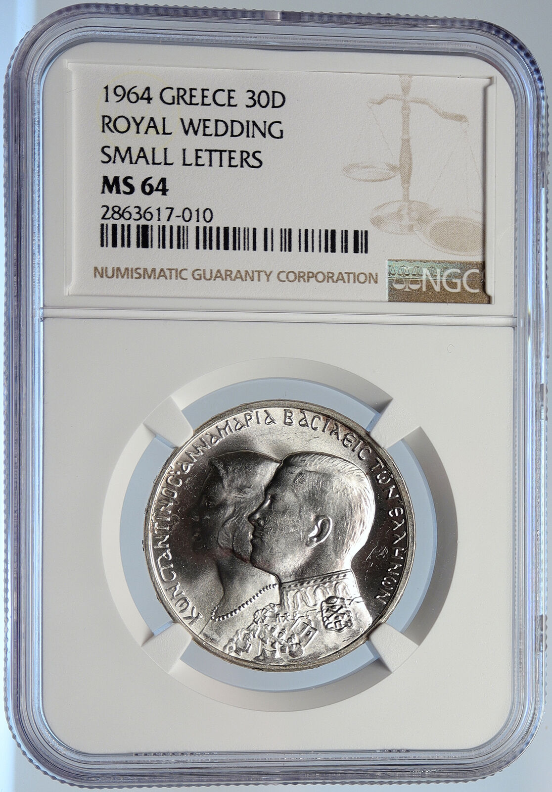 1964 GREECE Marriage Constantine Anne-Marie Silver 30 Drachmai Coin NGC i105790