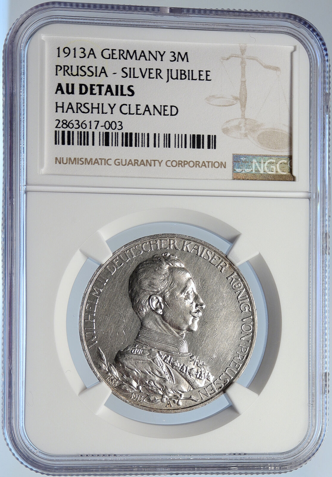 1913 A GERMANY GERMAN STATES PRUSSIA WILHELM II Silver 3 Marks Coin NGC i105784