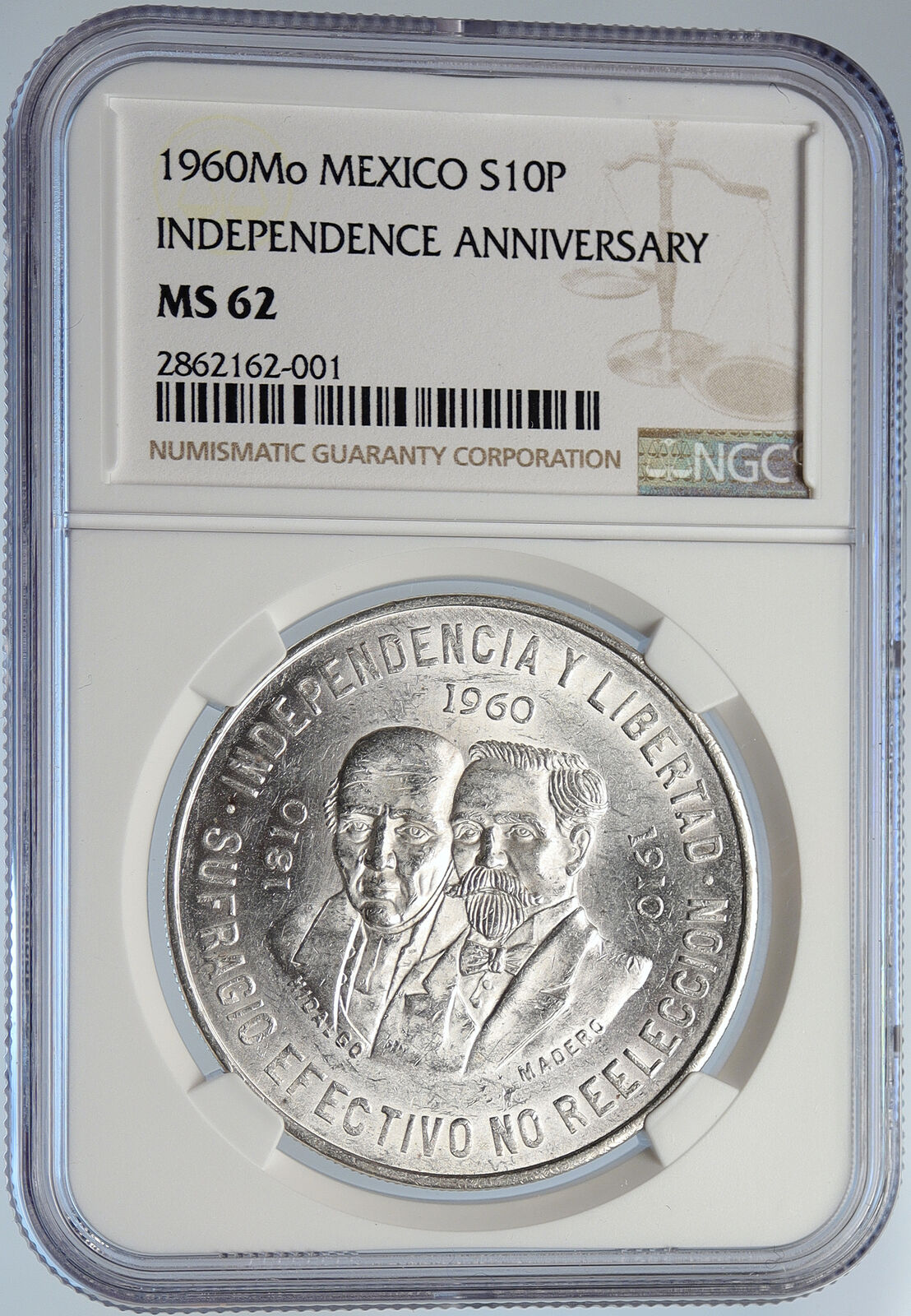 1960 Mexican WAR OF INDEPENDENCE Hidalgo Madero Silver 10 Pesos Coin NGC i105795