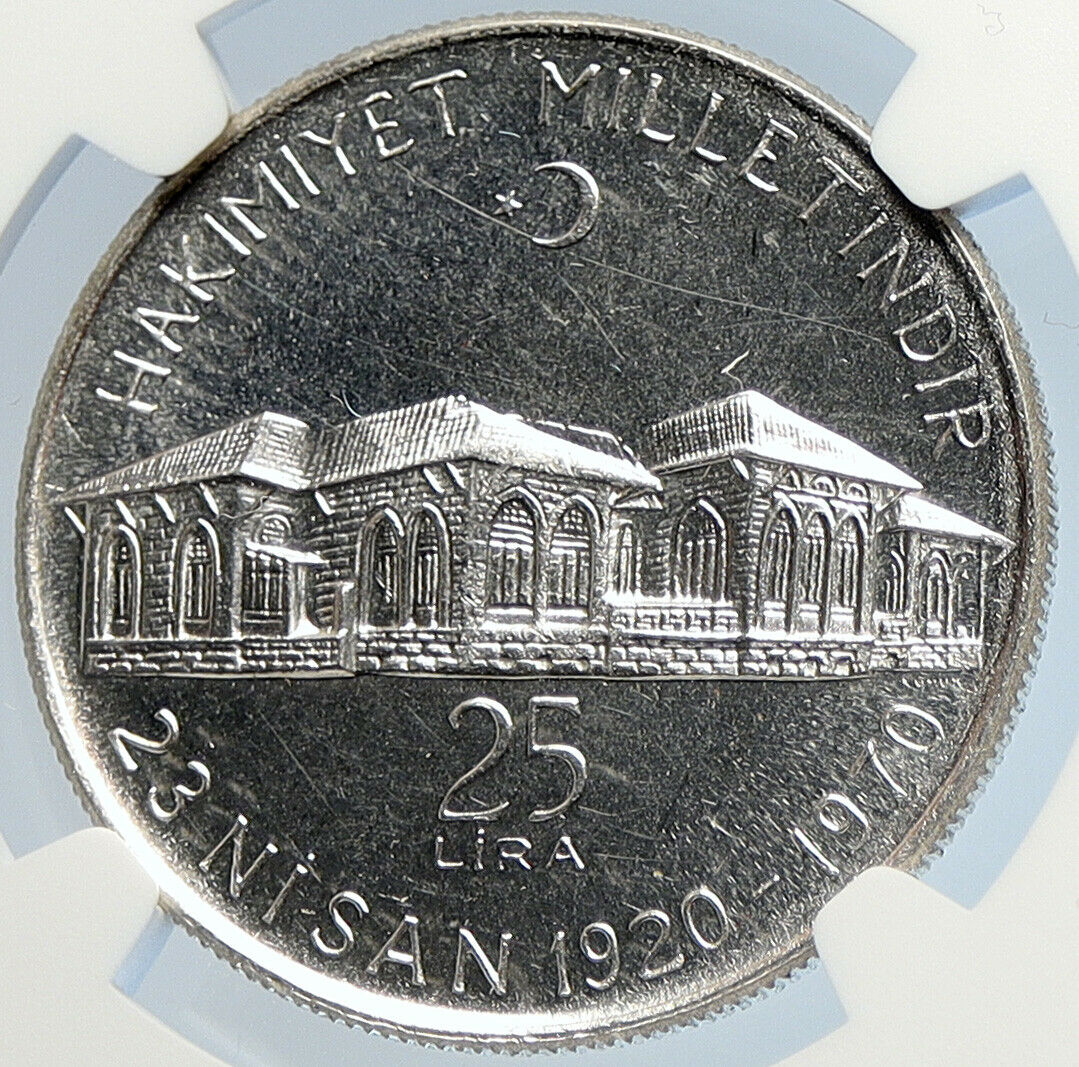 1970 TURKEY National Assembly ANKARA Building Silver 25 Lira Coin NGC i105813