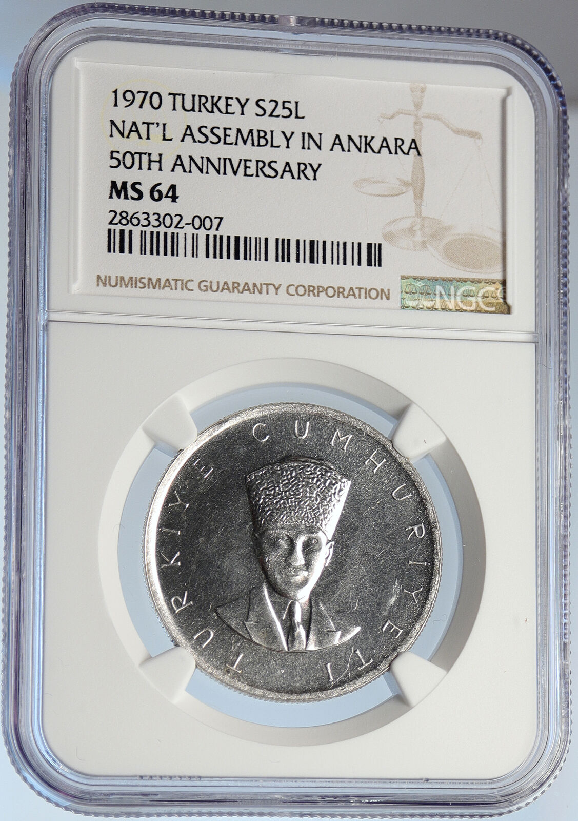 1970 TURKEY National Assembly ANKARA Building Silver 25 Lira Coin NGC i105813