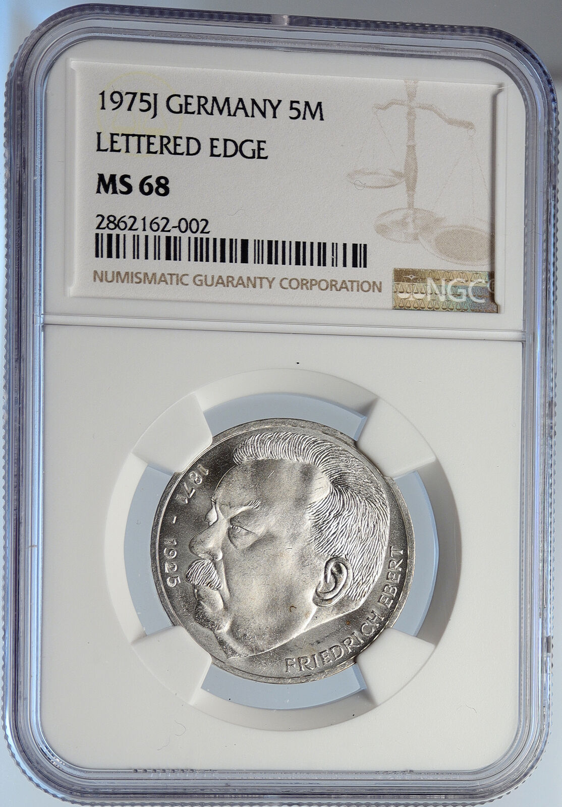 1975 J GERMANY Politician Friedrich Ebert Antique Silver 5 Mark Coin NGC i105796