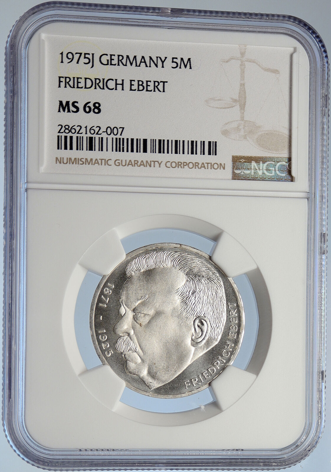 1975 J GERMANY Politician Friedrich Ebert Antique Silver 5 Mark Coin NGC i105801