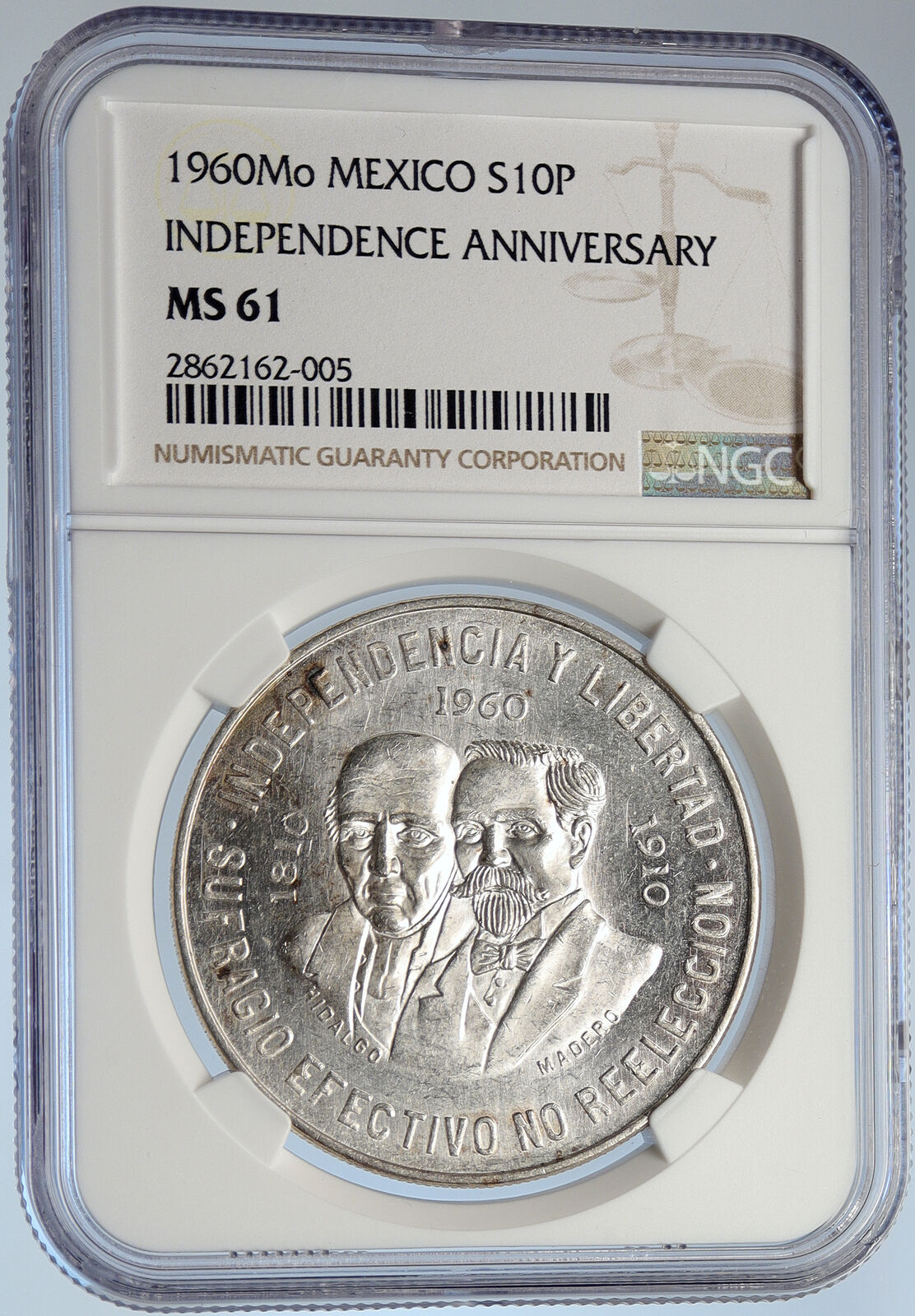 1960 Mexican WAR OF INDEPENDENCE Hidalgo Madero Silver 10 Pesos Coin NGC i105799