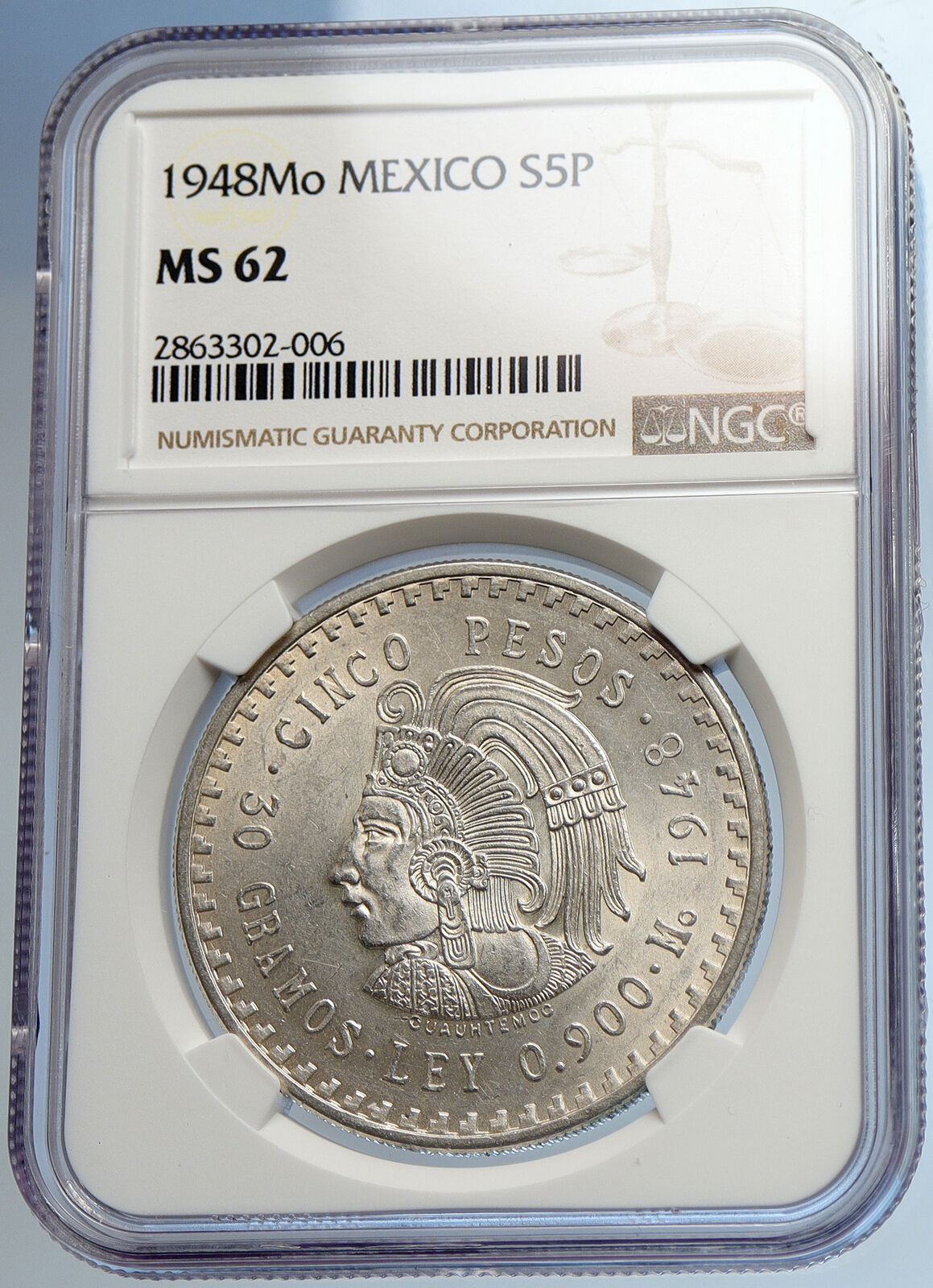 1948 MEXICO Aztec Chieftain CUAUHTEMOC Eagle OLD Silver 5 Peso Coin NGC i105812