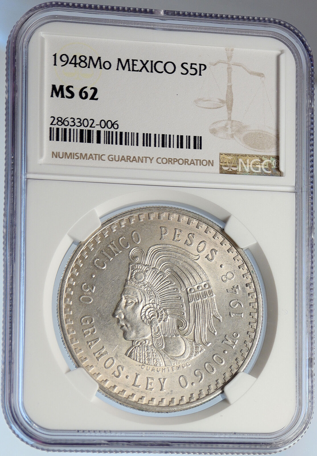 1948 MEXICO Aztec Chieftain CUAUHTEMOC Eagle OLD Silver 5 Peso Coin NGC i105812