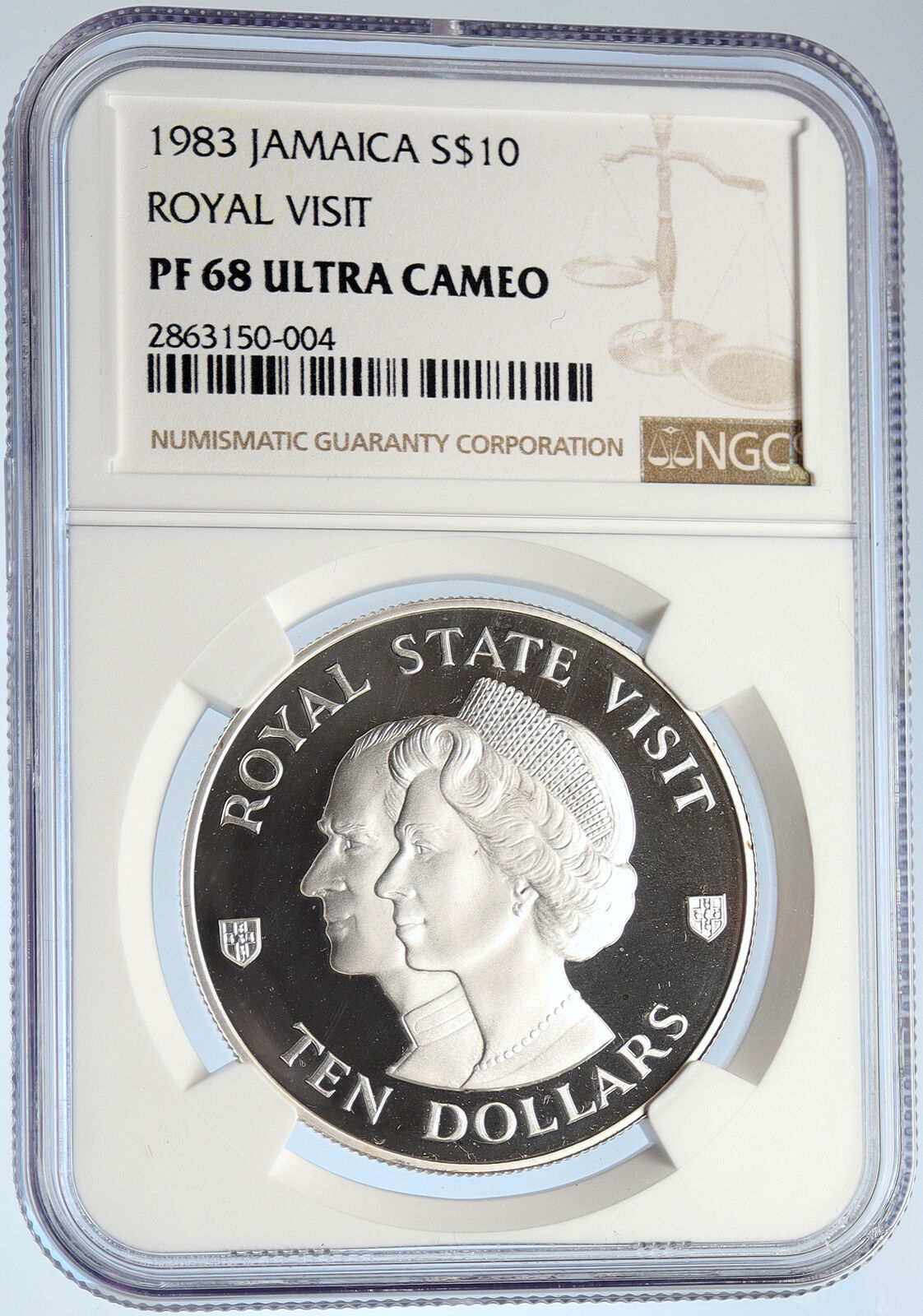 1983 JAMAICA UK Quen Elizabeth II Royal Visit SILVER 10 Dollars Coin NGC i105825