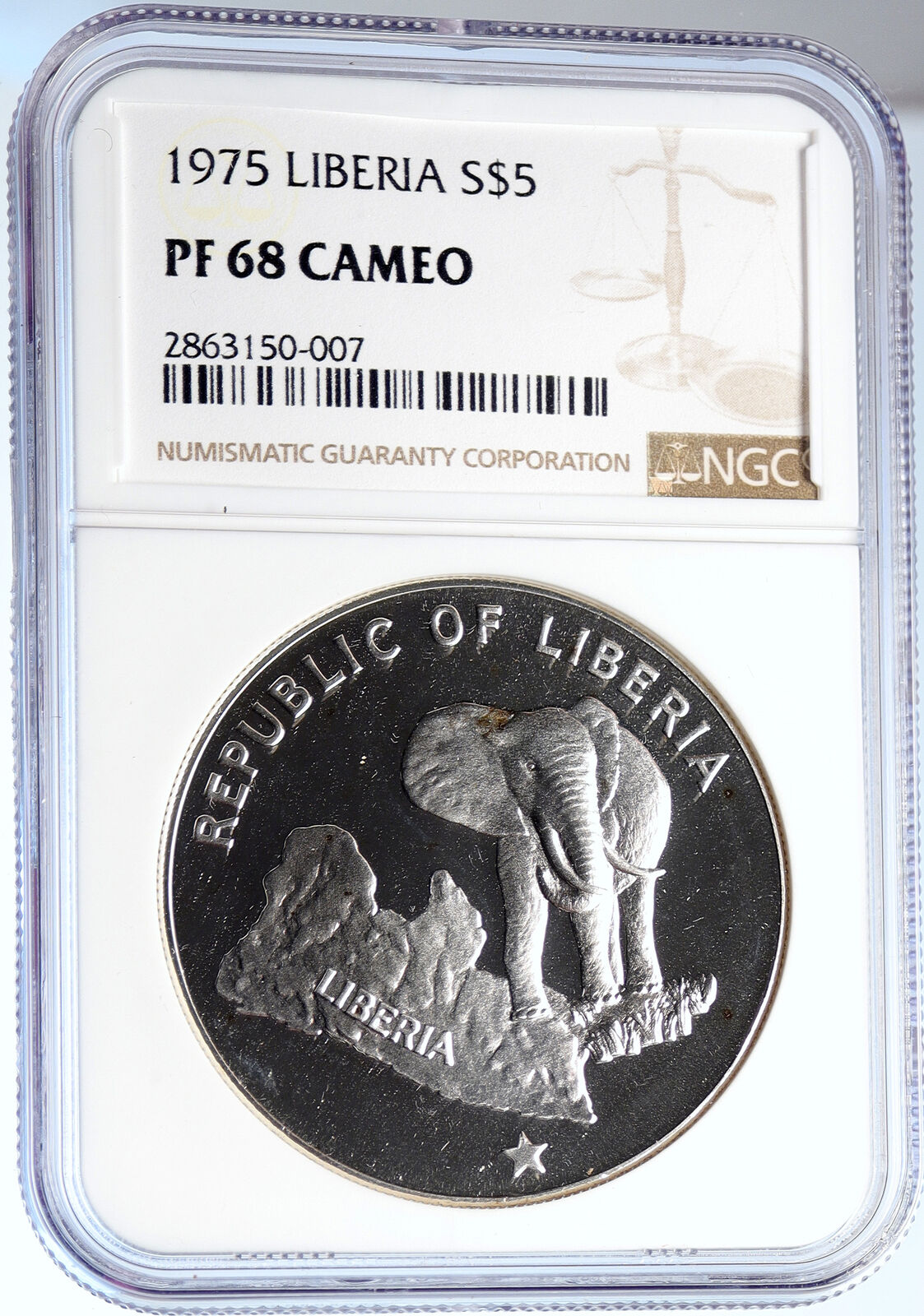 1975 LIBERIA State Map with Elephant VINTAGE Proof Silver $5 Coin NGC i105828