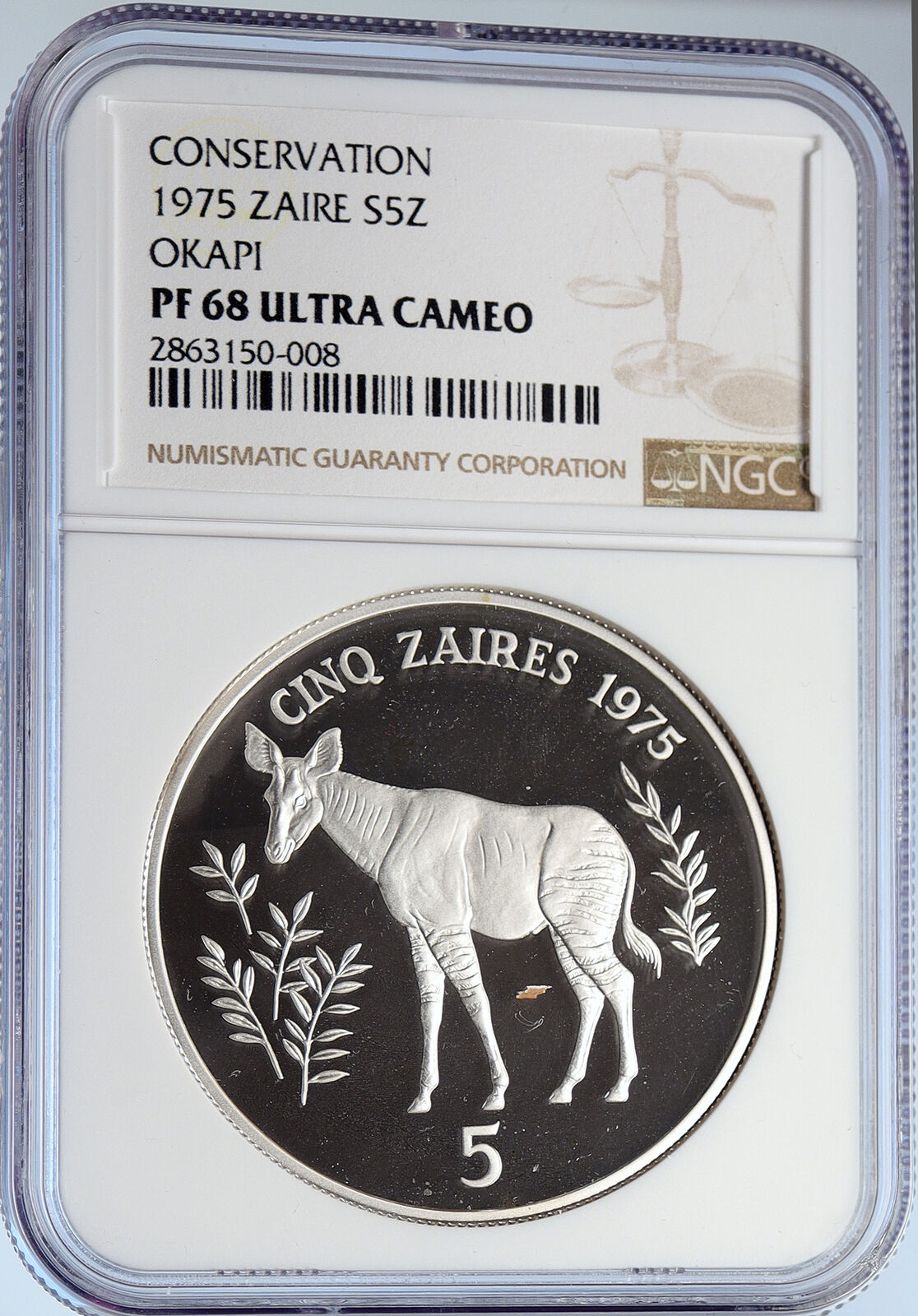 1975 ZAIRE CONGO Mobuto CONSERVATION Okapi Proof Silver 5 Zaire Coin NGC i105829