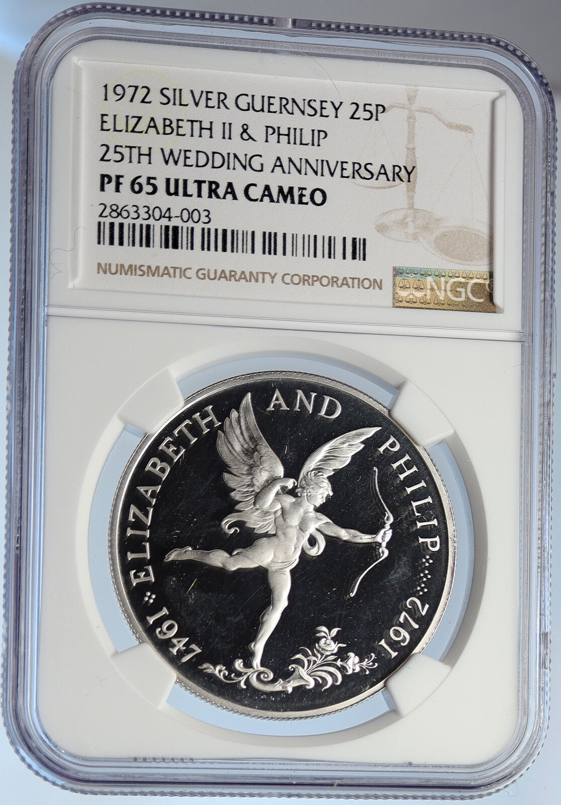 1977 GUERNSEY UK Elizabeth II & Philip WEDDING Proof Silver 25P Coin NGC i105839