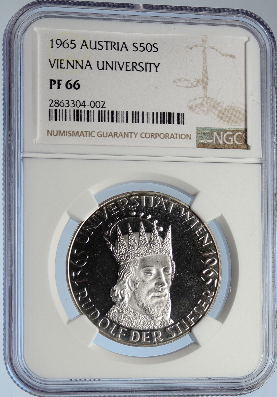 1965 AUSTRIA 600th VIENNA UNIVERSITY Rudolf IV Proof Silver 50S Coin NGC i105838