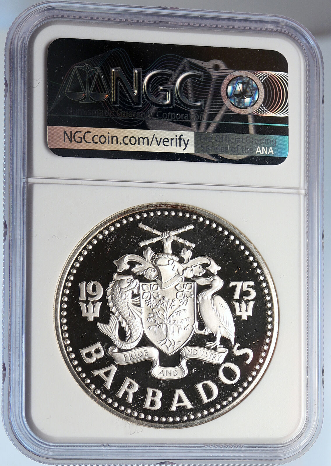 1975 BARBADOS Huge Old Genuine Proof Silver 10 Dollars Coin NEPTUNE NGC i105832