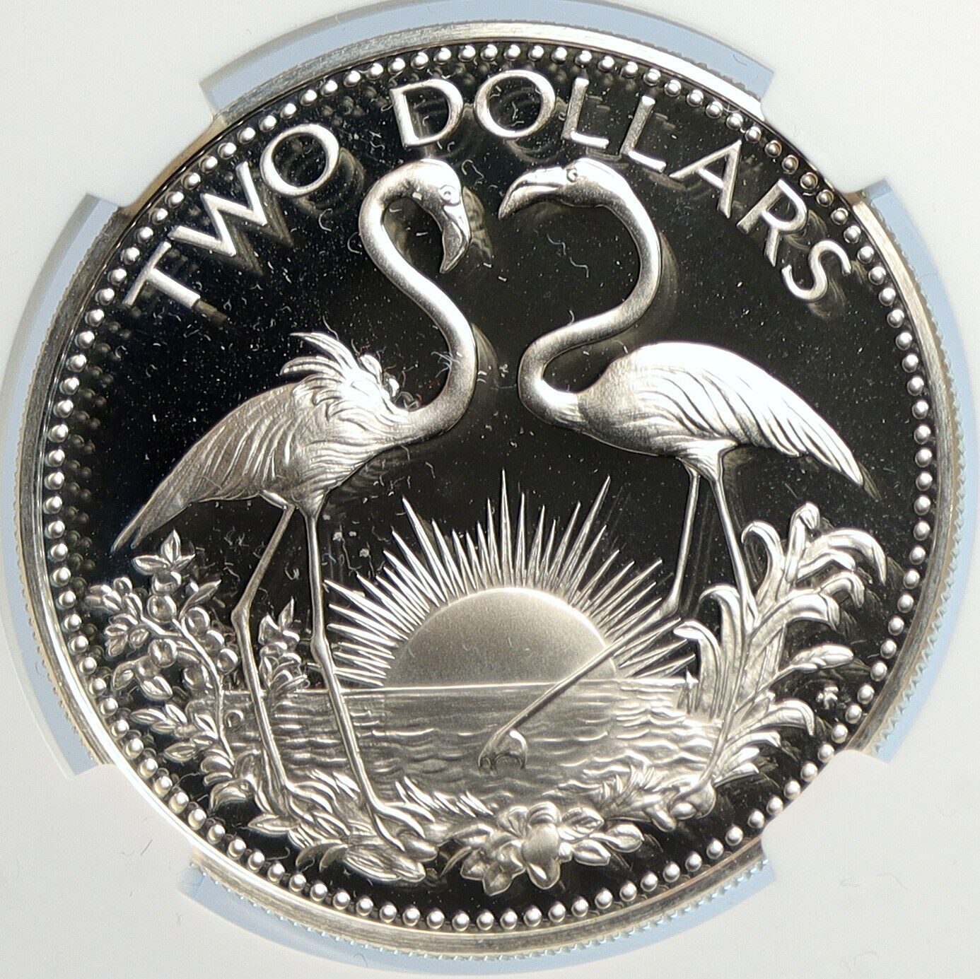 1974 THE BAHAMAS Bohemian Arms FLAMINGOS Proof Silver 2 Dollar Coin NGC i105833