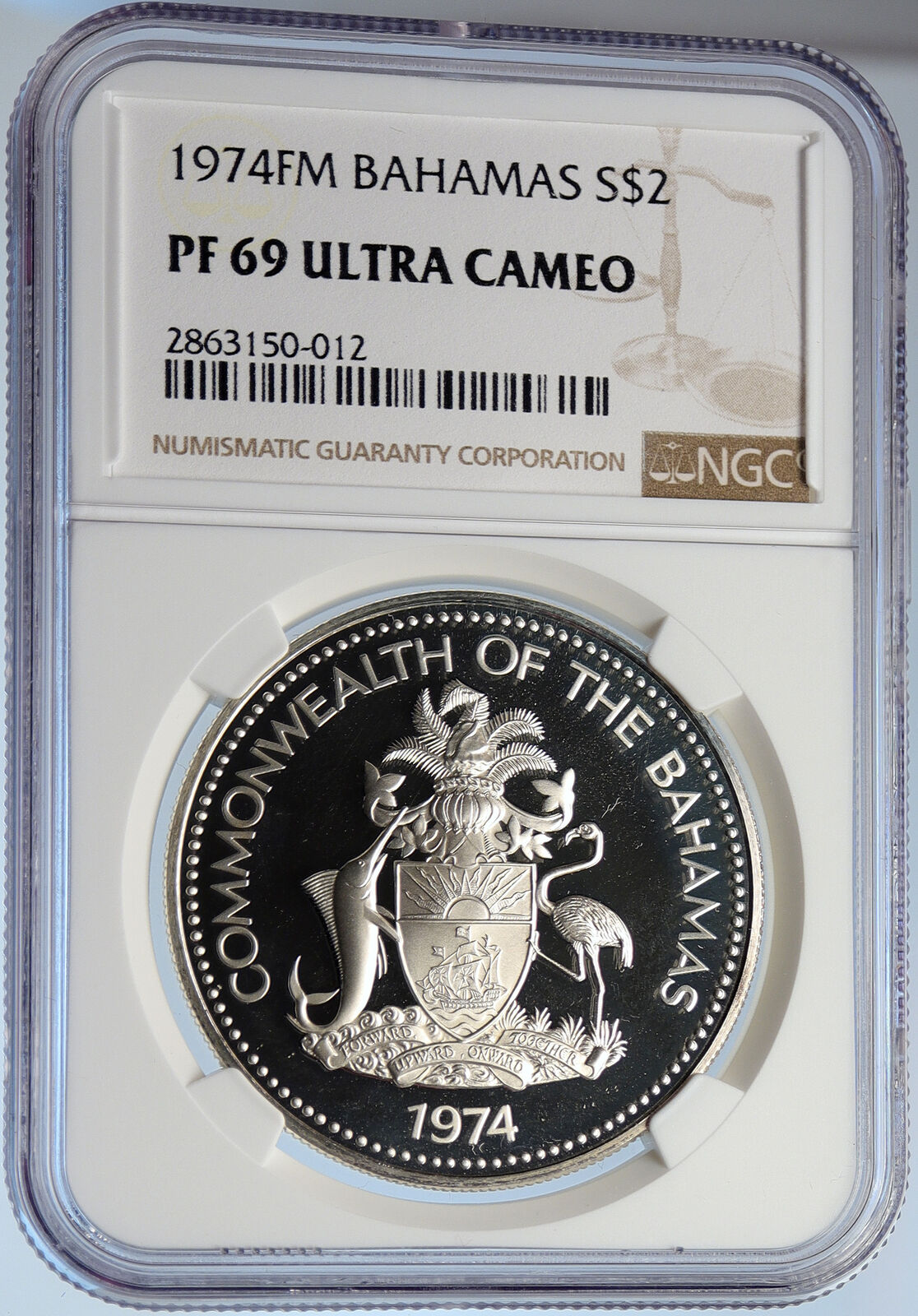 1974 THE BAHAMAS Bohemian Arms FLAMINGOS Proof Silver 2 Dollar Coin NGC i105833