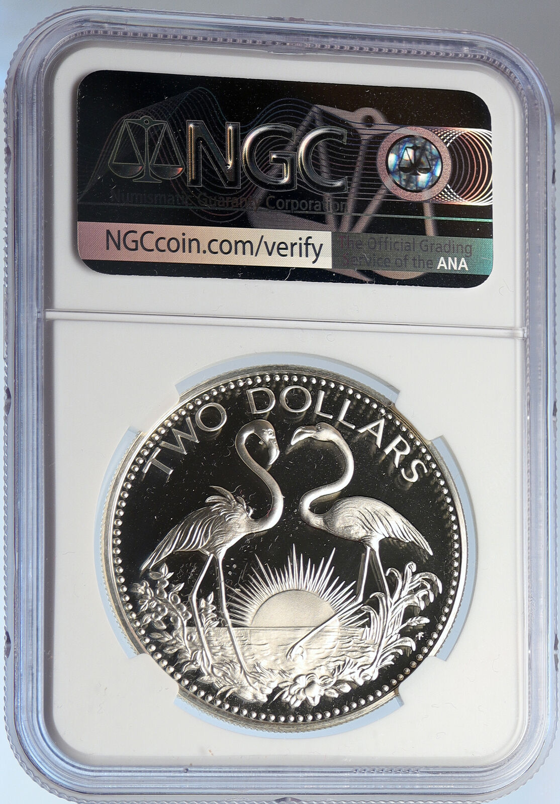 1974 THE BAHAMAS Bohemian Arms FLAMINGOS Proof Silver 2 Dollar Coin NGC i105833