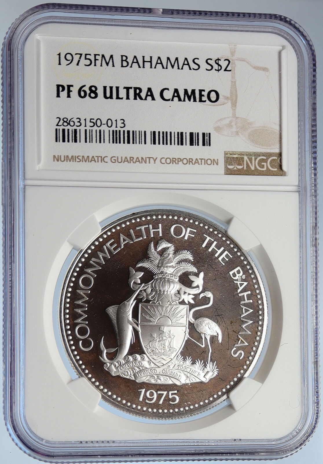 1975 The BAHAMAS Queen Elizabeth II FLAMINGO Proof Silver $2 Coin NGC i105834