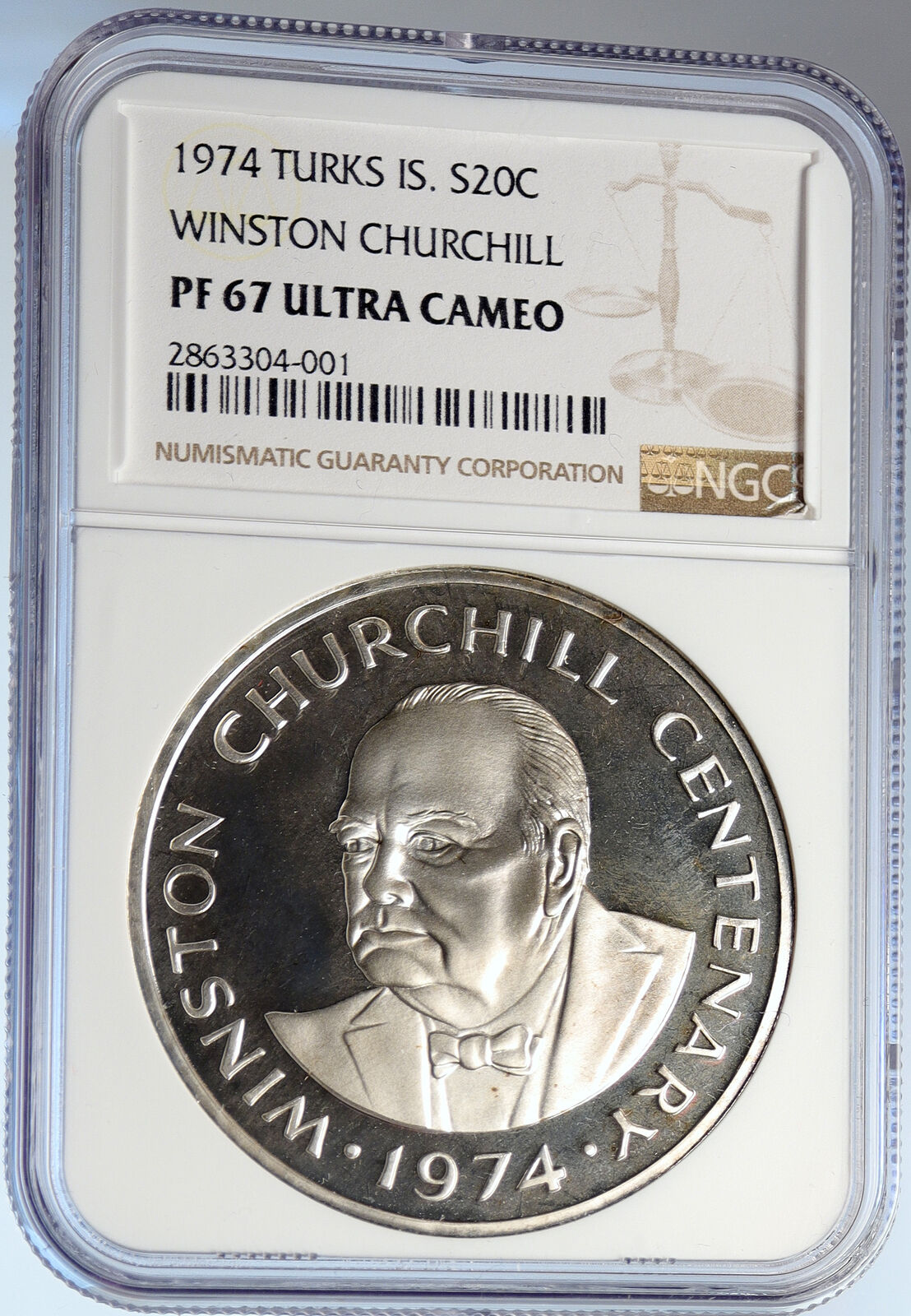 1974 TURKS & CAICOS UK WINSTON CHURCHILL Proof Silver 20 Crown Coin NGC i105837