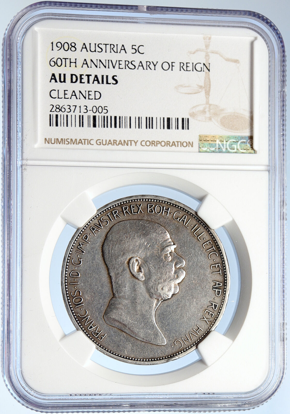 1908 AUSTRIA w King FRANZ JOSEPH I Silver OLD Antique 5 Corona Coin NGC i105856