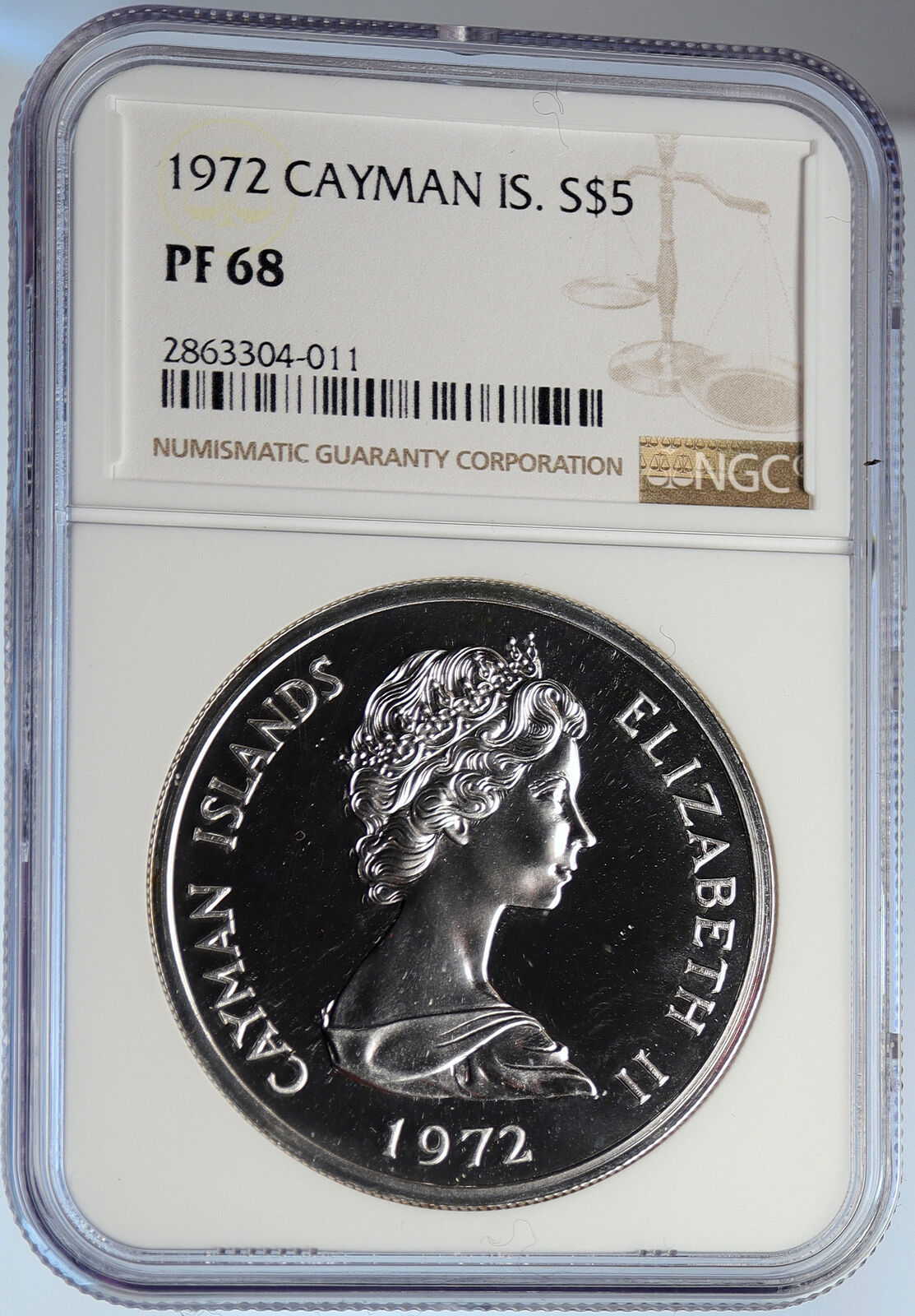 1972 CAYMAN ISLANDS UK Queen Elizabeth II OLD Proof Silver $5 Coin NGC i105847