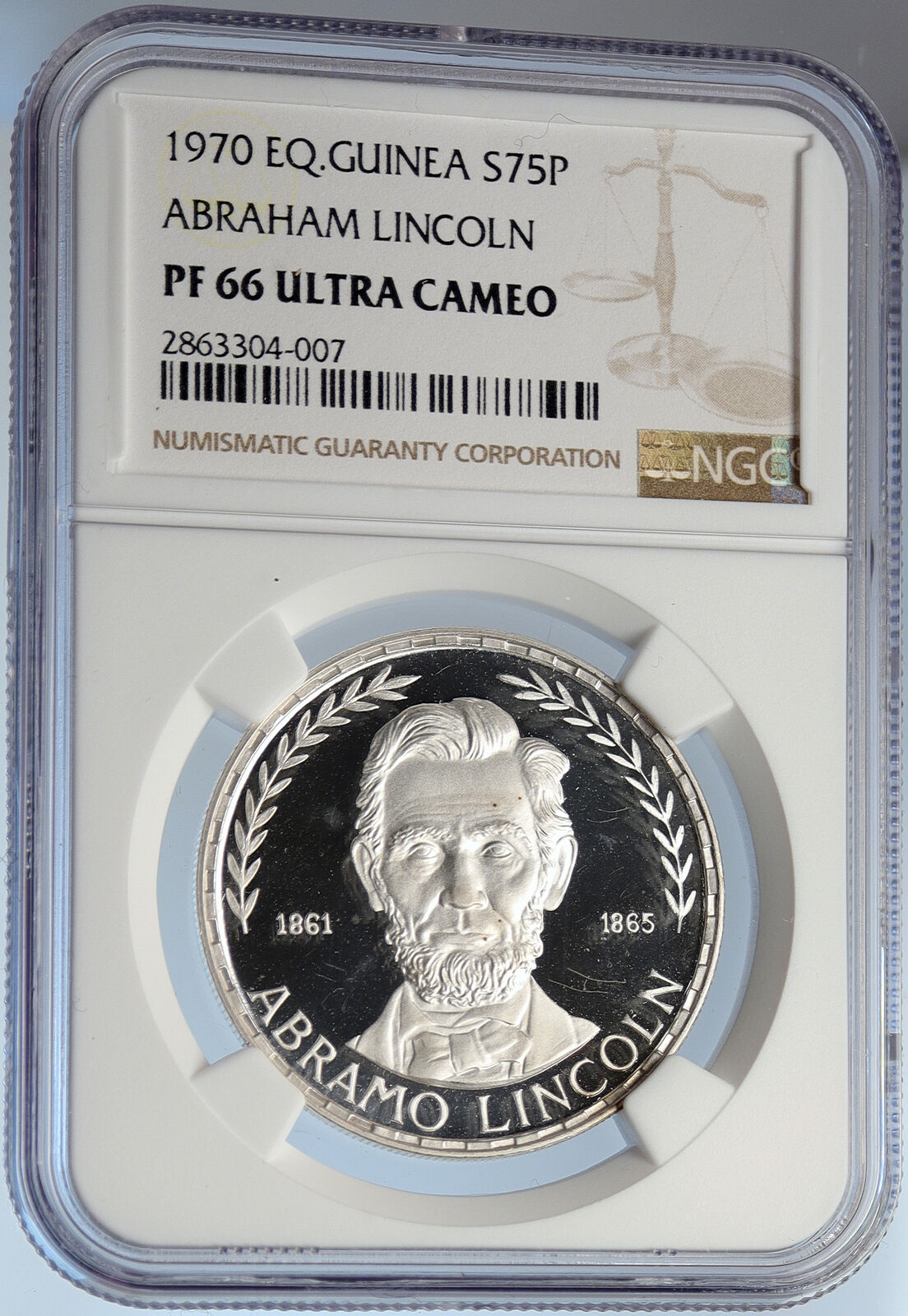 1970 EQUATORIAL GUINEA USA's Abraham Lincoln Proof Silver 75 Pt Coin NGC i105843