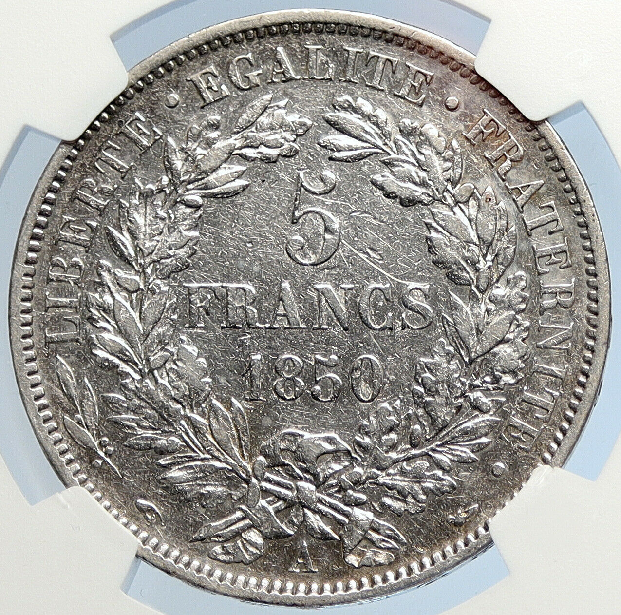 1850 A FRANCE Antique LIBERTY Wreath OLD Silver 5 Franc French Coin NGC i105865